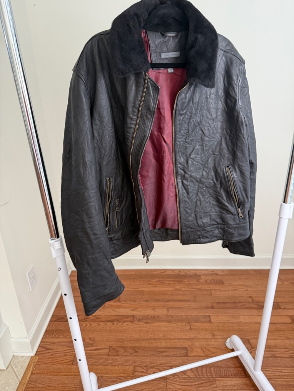 John Varvatos Black sheep Leather Jacket with Burgundy Lining Sz 56